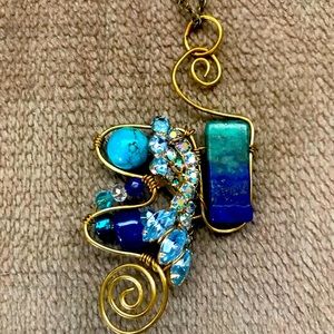 Lapis/Chrysacolla/Turquoise/Upcycled Rhinestone Wired Pendant